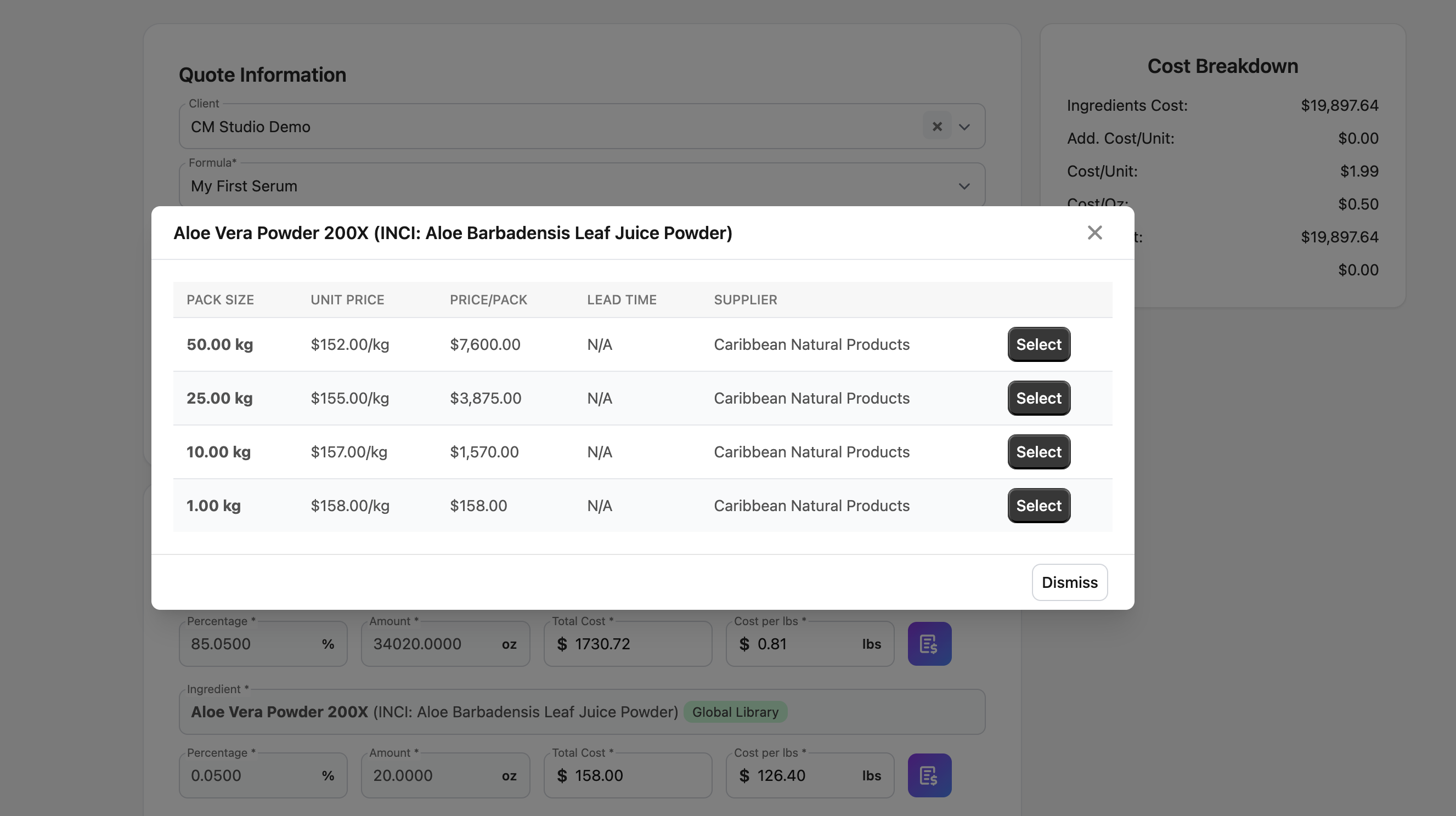 Additionally, CM Studio+ excels at finding the closest pack sizes from suppliers, so you don't have to purchase a lot of extra ingredients. This feature minimizes waste and helps you manage your inventory more efficiently, ensuring you buy only what you need for your formulations.